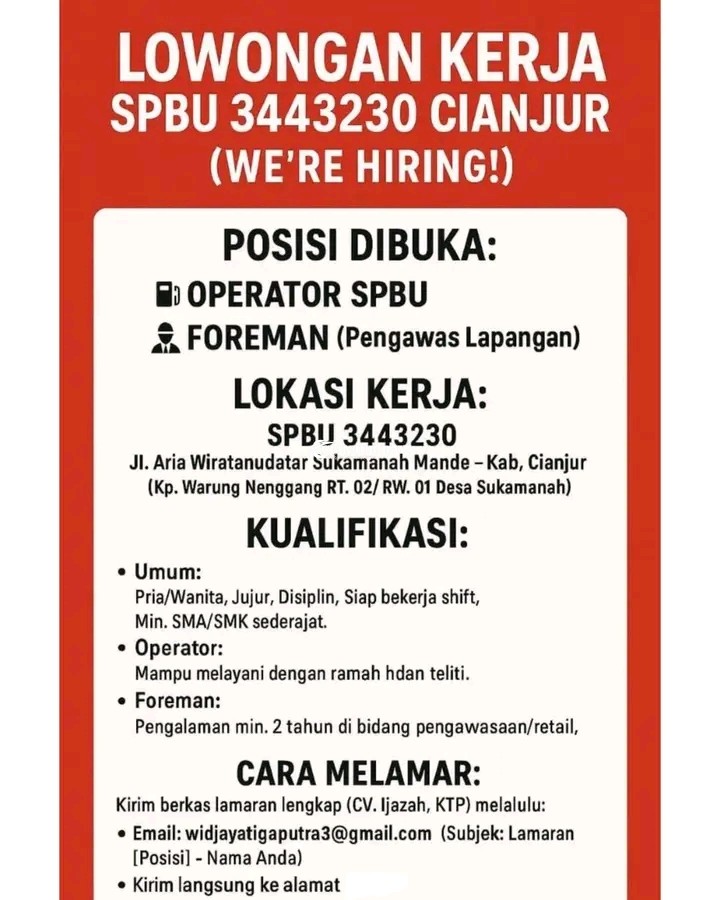 Lowongan Kerja SPBU 3443230 Cianjur – Operator & Foreman