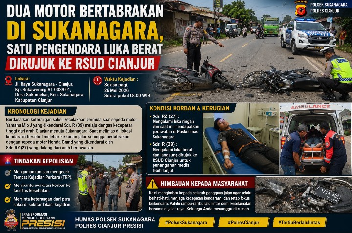 Dua Motor Bertabrakan di Sukanagara, Satu Pengendara Luka Berat Dirujuk ke RSUD Cianjur