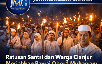 Ratusan Warga Cianjur dan Santri Ikuti Pawai Obor 1 Muharam 1448 H Meski Diguyur Gerimis Hujan