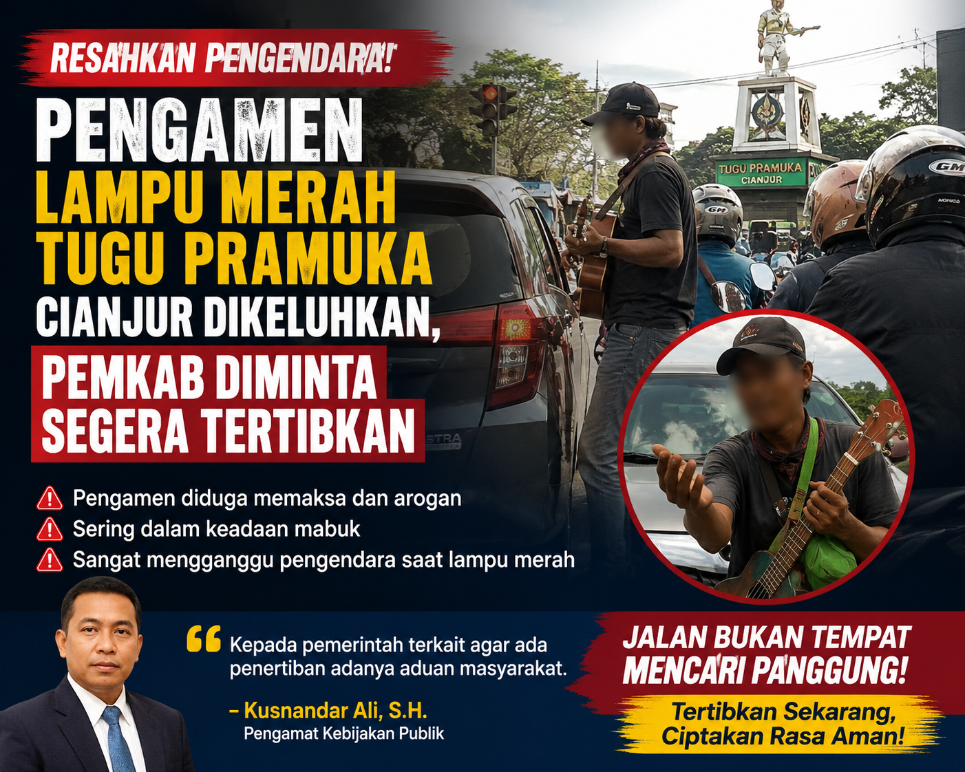 Pengamen Lampu Merah Tugu Pramuka Cianjur Dikeluhkan, Pemkab Diminta Segera Tertibkan